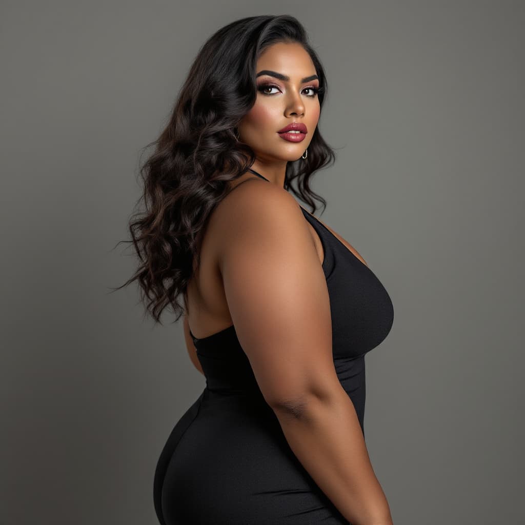 AI generated: A realistic portrait of a voluptuous Latina supermodel posing elegantly against a neutral gray backg...