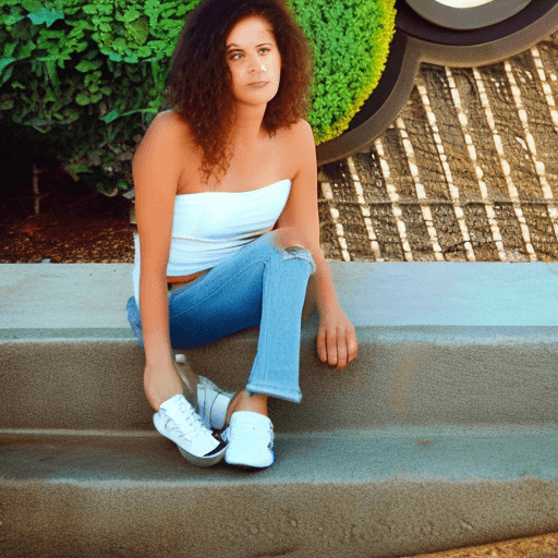 AI generated: An image of a young woman with medium-length wavy hair, seated with one leg extended and the other b...