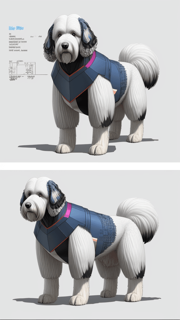AI generated: Alpha Dog Old English Sheepdog, by Ultimate Marvel Art, digital blueprints sketch with multicolored ...