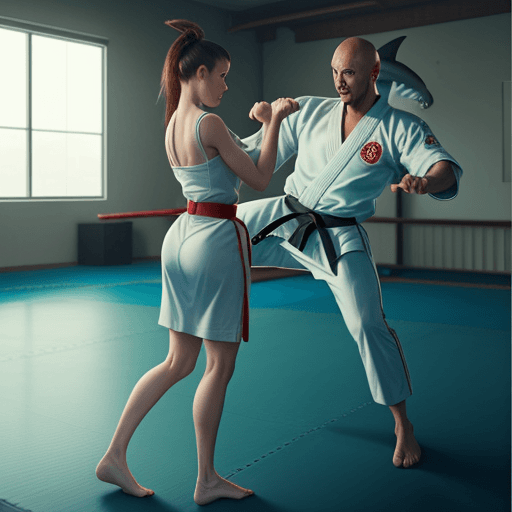 AI generated: Beautiful realistic shark in a karate dojo with a girl dancing dressed with a karate equipment