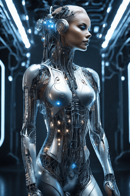 AI generated: a very detailed image of a female cyborg, half human, half machine,Full Body shot , very detailed, w...