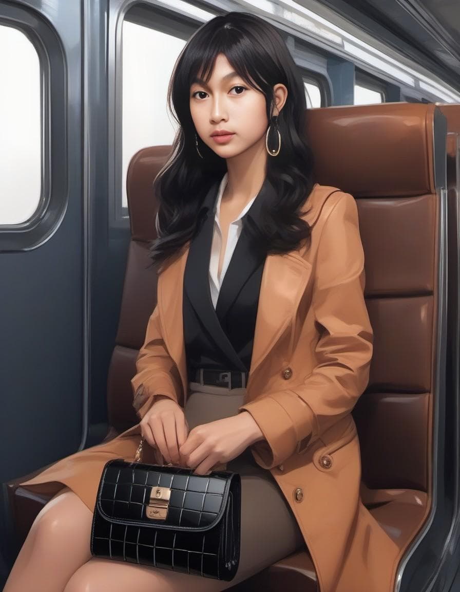 AI generated: a woman sitting on a train seat with a purse in her hand , anime art, a detailed painting, aesthetic...