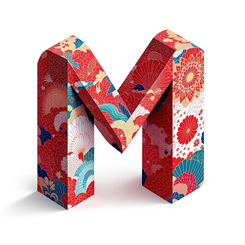 AI generated: Create an isometric Letter “M” in the style of paper origami with a Japanese traditional pattern