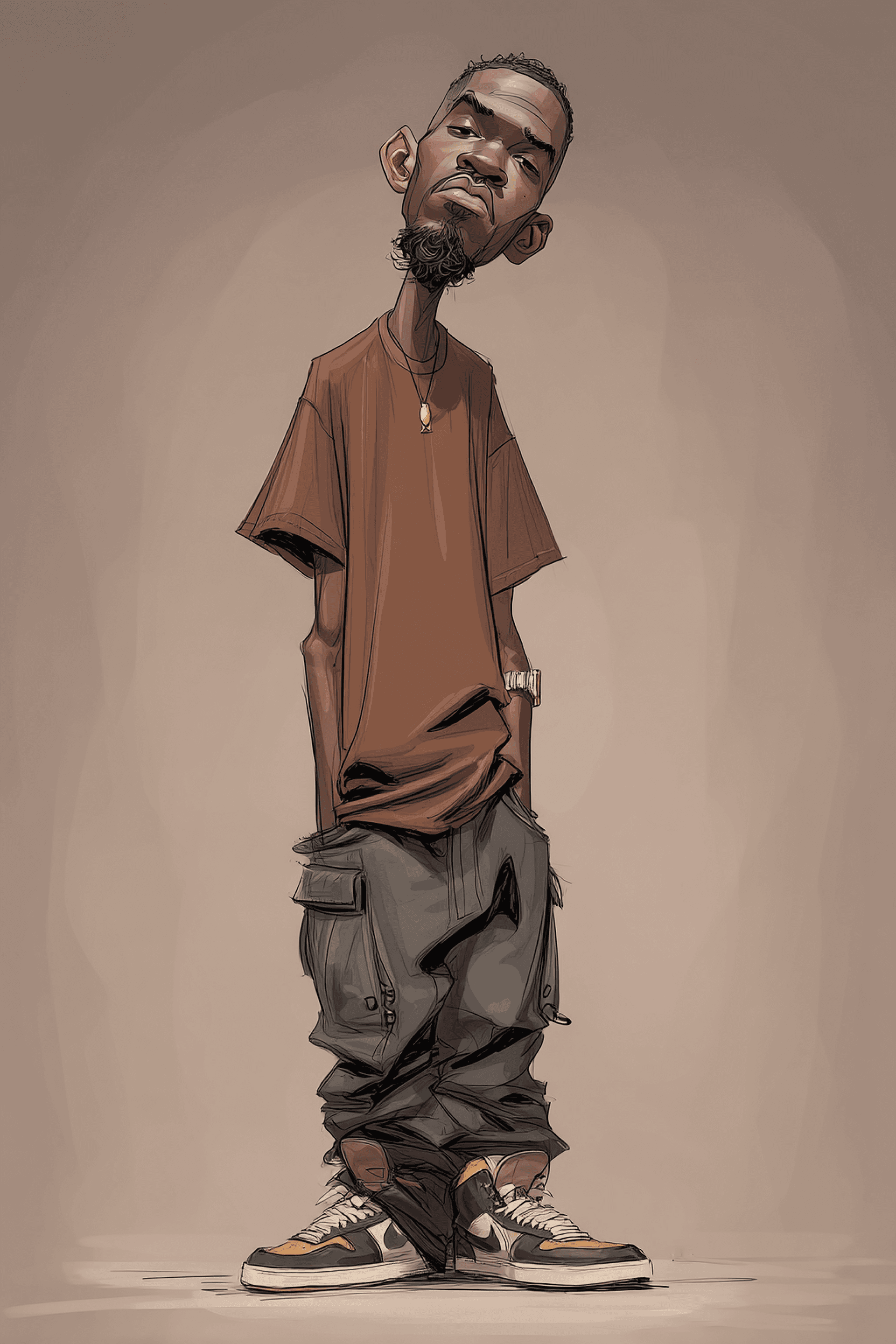 AI generated: funny caricature, relaxed fashion guy caricature, young african male, 22 years old, oversized brown ...
