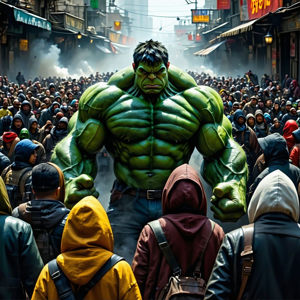 AI generated: millions of hood people versus the hulk, hundreds perish, photorealistic