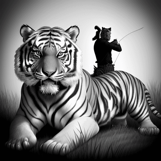 AI generated: Draw a hunter hunting a tiger with a bow in black and white.