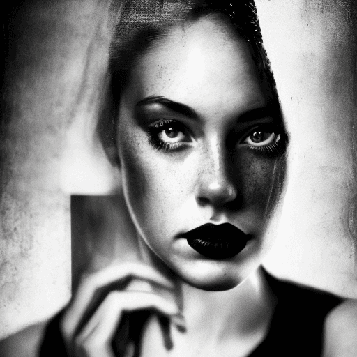 AI generated: A black-and-white photograph of a woman, in the style of romanticized portraits, noir atmosphere, da...