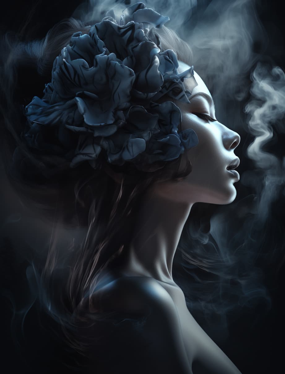 AI generated: 3 d, white and black smoke, sun rays, confident fashion model, sweat skin, liquid black metal, black...