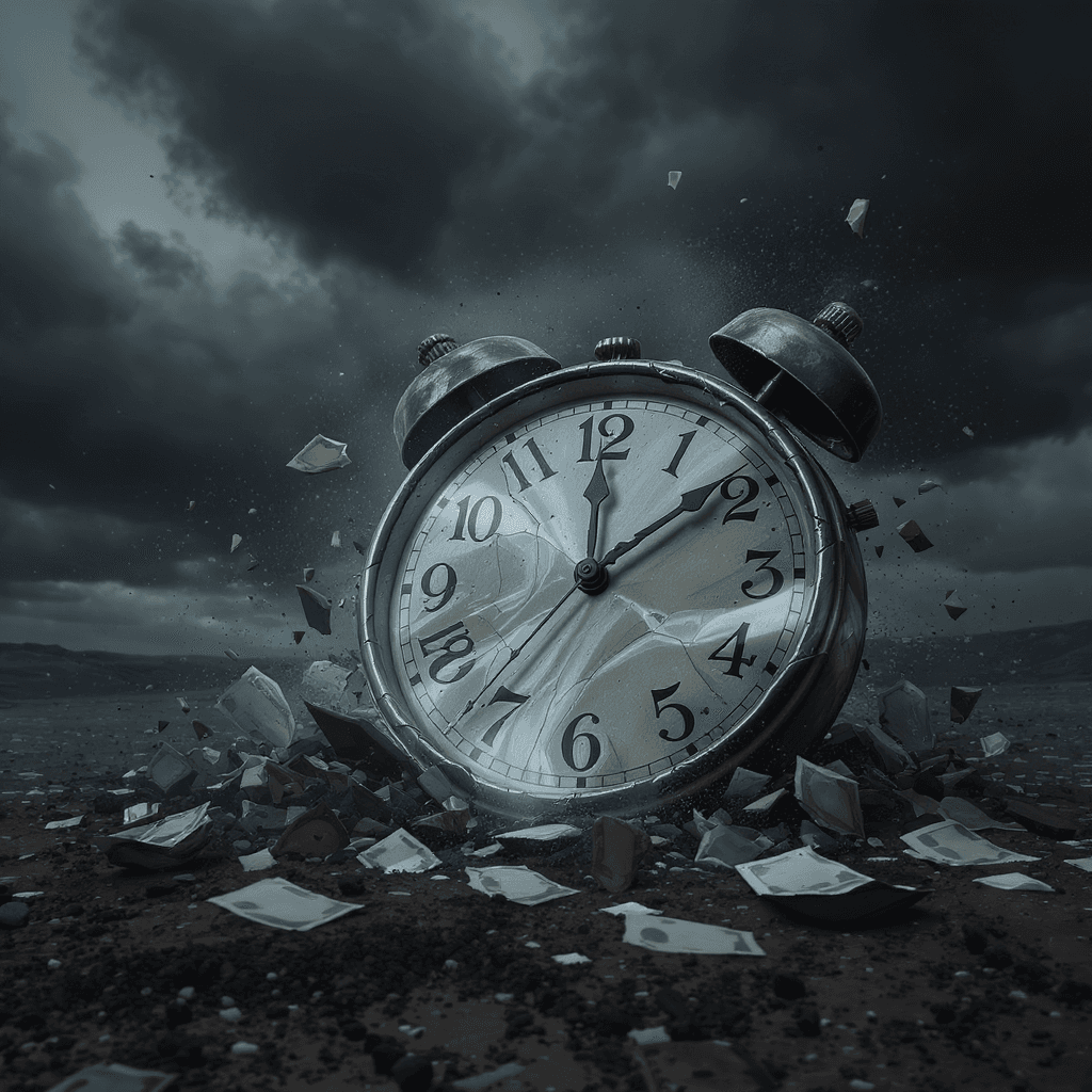 AI generated: A broken clock exploding on the ground, with dark clouds in the background, hyper-realistic photogra...