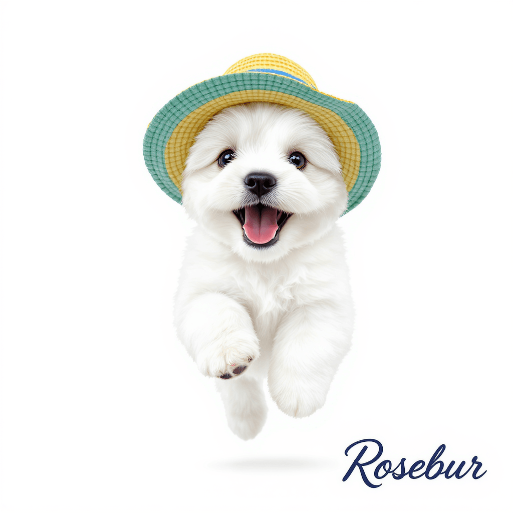 AI generated: A joyful maltese puppy full of friendly energy, leaping towards the camera and wearing a colorful ha...