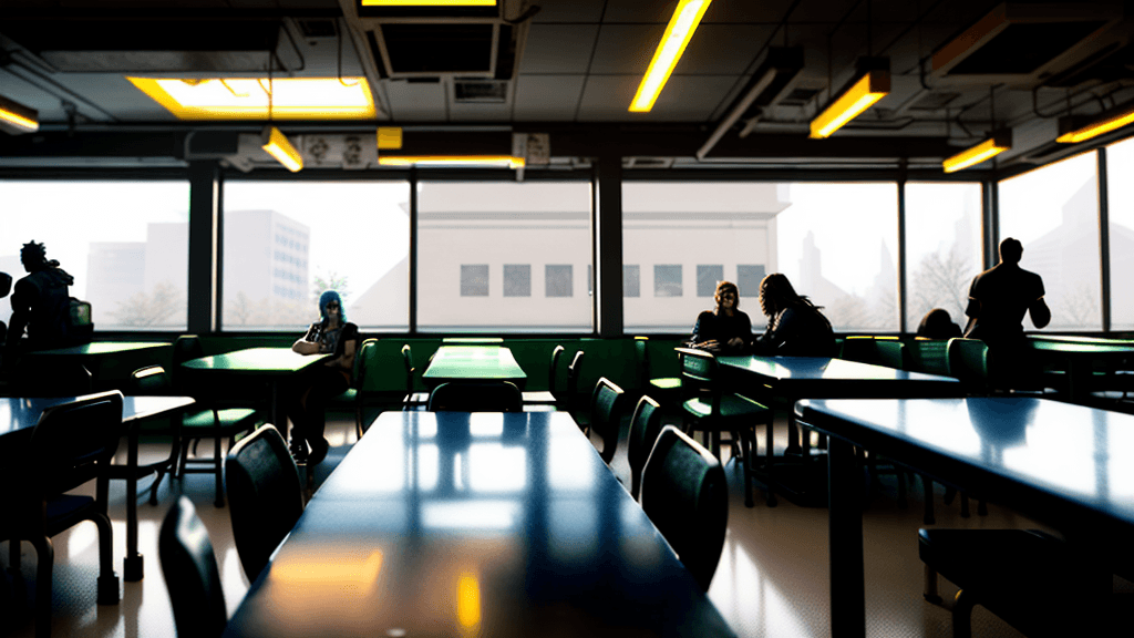 AI generated: Cyberpunk cafeteria university during daylight with a few students.