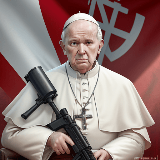 AI generated: Hyper-realistic image of Pope John Paul II with a machine gun firing at a communist flag, trending o...