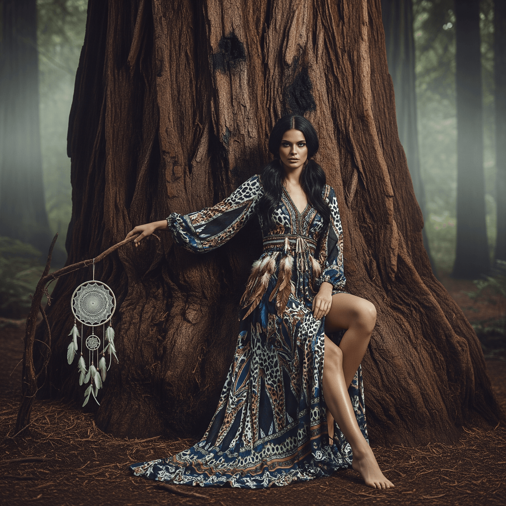 AI generated: High-fashion editorial photography shot of a striking woman sitting at the base of a massive, textur...