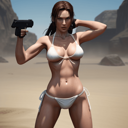 AI generated: Laura Croft depicted from playstion wearing white little string bikini arms extended together with p...