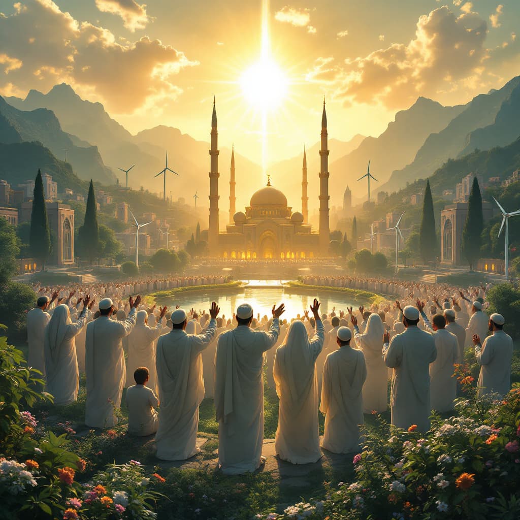 AI generated: "A breathtaking, dreamlike scene of a group of Shia Muslims in prayer, standing in a serene natural ...