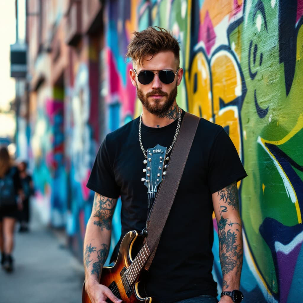 AI generated: A young Caucasian man with short brown hair, a beard, wearing sunglasses and a black t-shirt, some t...