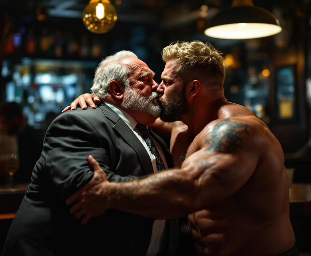 AI generated: high-resolution photo of a fat old man wearing suit and tie, embracing and kissing an extremely musc...