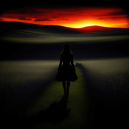 AI generated: shadow walking through a meadow evil closing in all sides sunset blazing darkness beckoning
