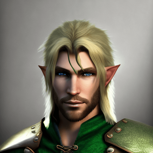 AI generated: Half-Elf male from D&D, shaggy blonde hair, bearded, ranger, black and green leather armor, uplight,...