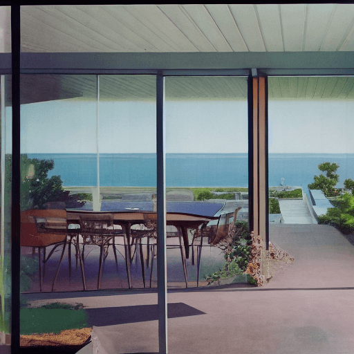 AI generated: Hyper realistic eye level exterior photo of a mid century modern style house overlooking the ocean, ...