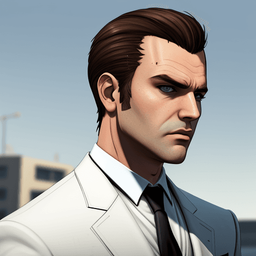 AI generated: gta style, male, side view, business white suit, detalized face, brown hair, look on top, gta styliz...