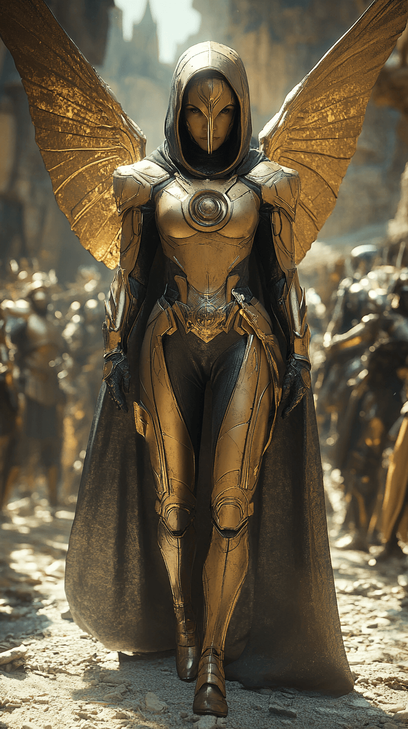 AI generated: A futuristic female knight in gold and black armor, standing on the ground with wings spread out beh...