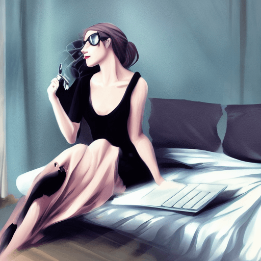 AI generated: woman sitting on a bed with a laptop, smoking woman, ,smoking weed, dramatic smoking pose, dreamlike...