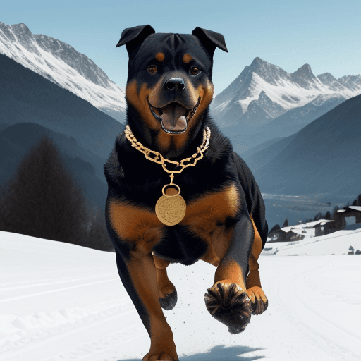 AI generated: Photo of a Rottweiler dog, with an open mouth, with a gold chain around his neck, against the backgr...