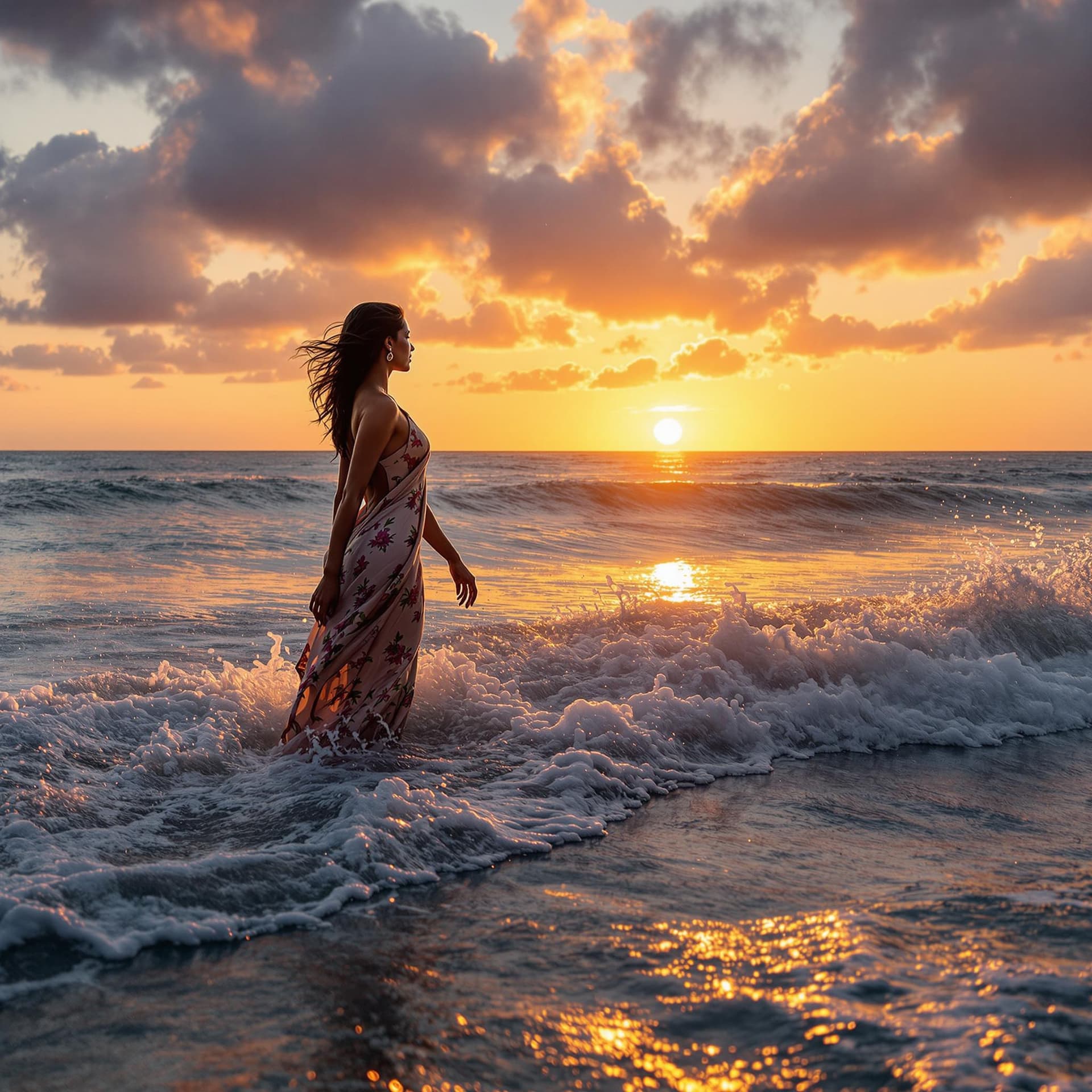 AI generated: The image features a Indian woman standing in the beach, small waves hiting on her body, highly deta...