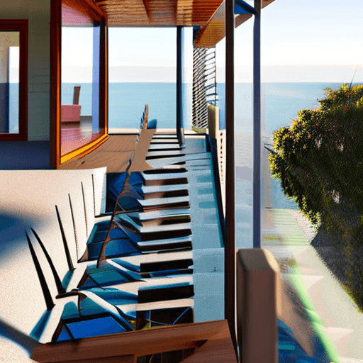 AI generated: Hyper realistic eye level exterior photo of a mid century modern style house overlooking the ocean, ...