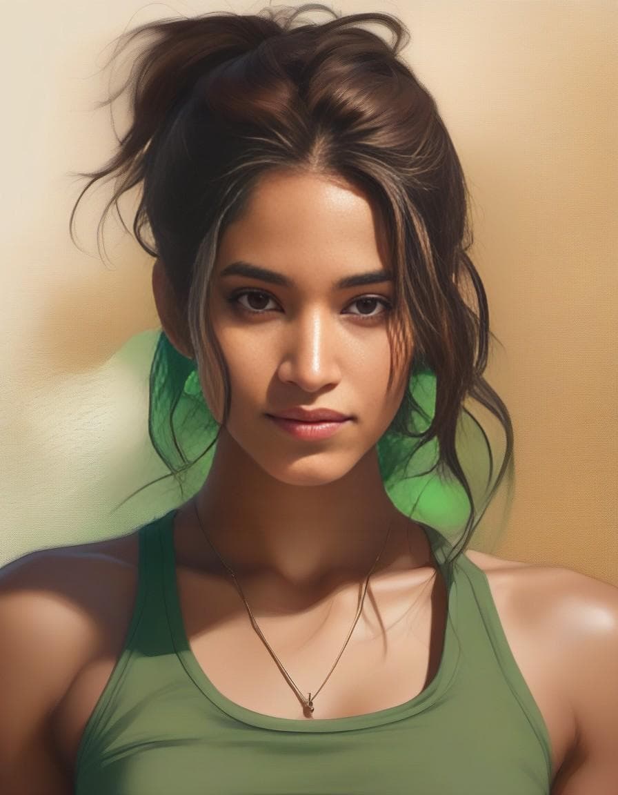 AI generated: Girl with green hair highlighted in a tank top. Her hair should be long and brown, cascading down he...