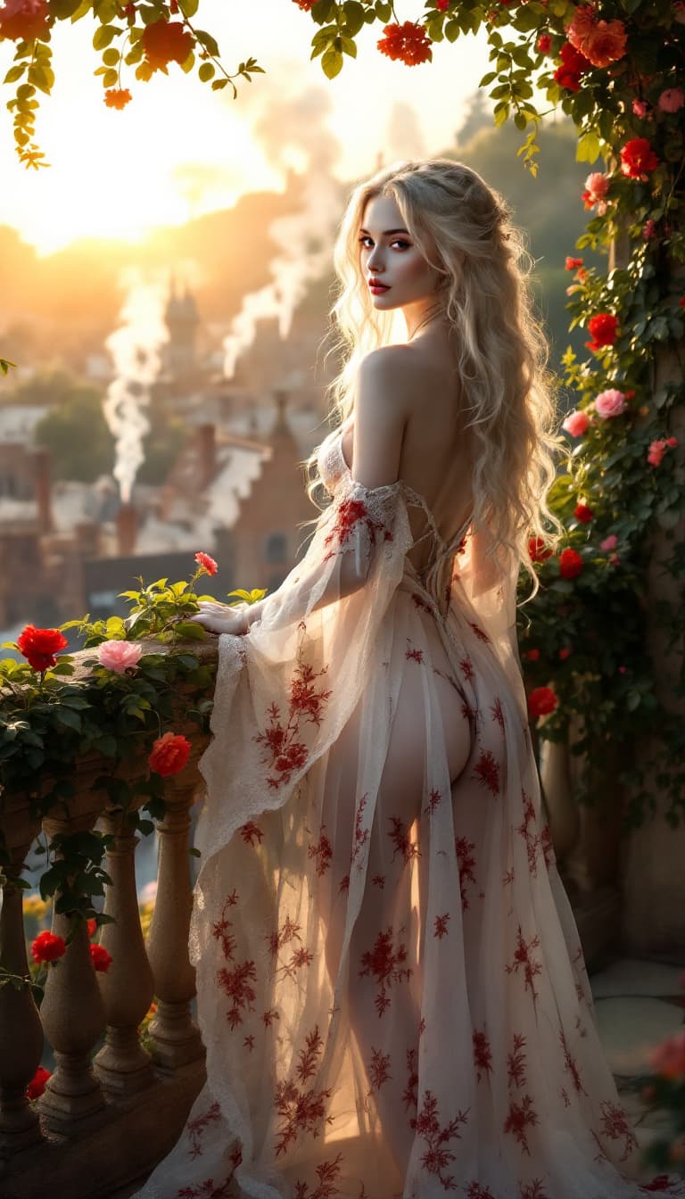AI generated: A realistic, full body photo of a perfect, pale, ivory skin toned female in a flowing, lace, white w...