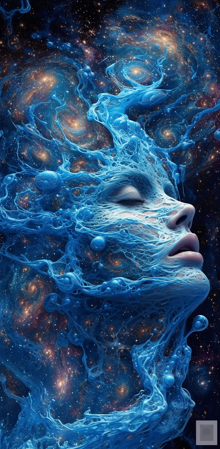 AI generated: a woman's head with a space inspired texture and hazy blue background, in the style of fractalism, t...