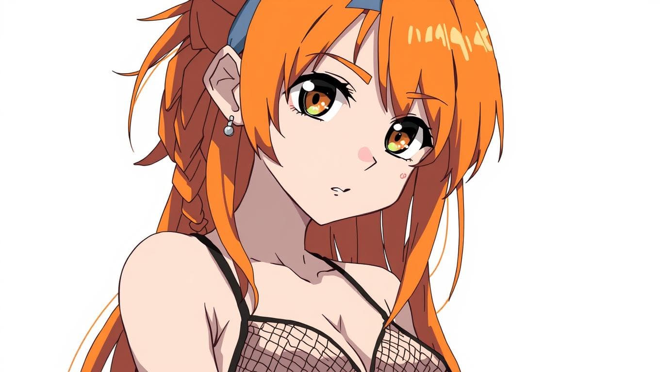 AI generated: anime,1girl,solo,orange hair,long hair,dreadlocks,headband,ear,hair behind ear,hazel eyes,perfecteye...