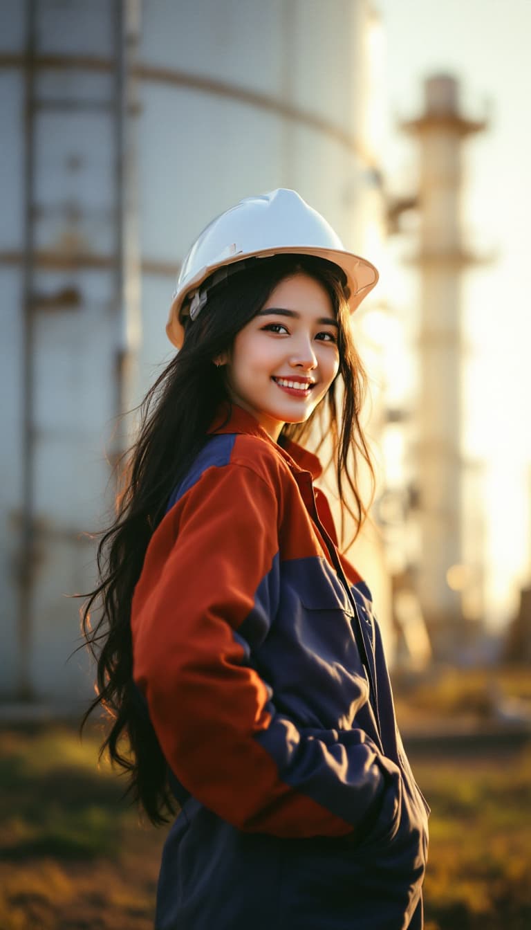 AI generated: A korean woman with black long hair, sun-kissed skin, and a worn a red blue safety coverall for oil ...