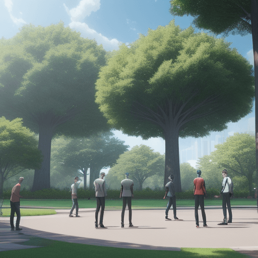 AI generated: Groupe of male friends at the park, trees,ppl, anime
 artwork. dynamic, hyper realism, high detail, ...