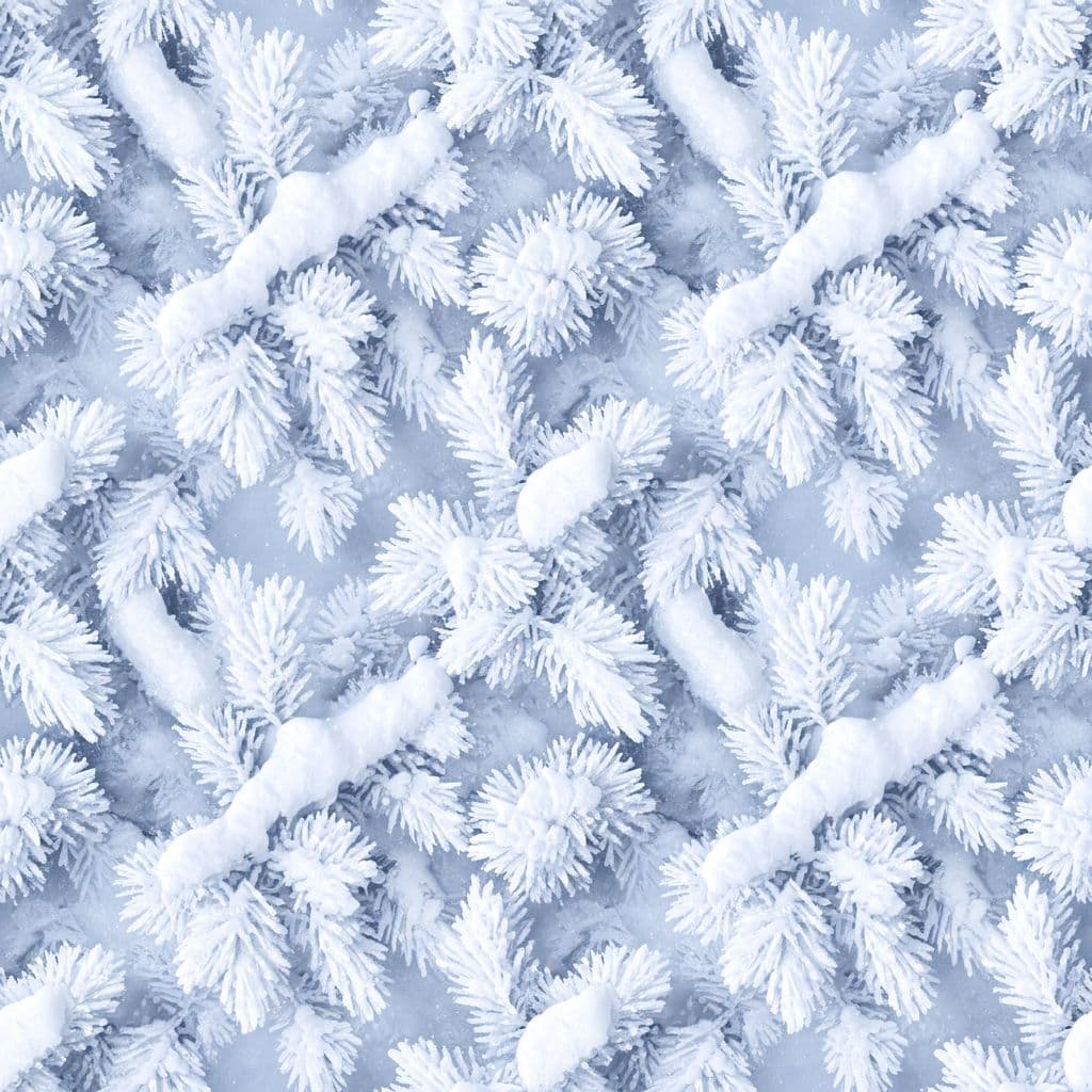 AI generated: Ultra-realistic 3D seamless pattern of frosted pine branches with snow.
