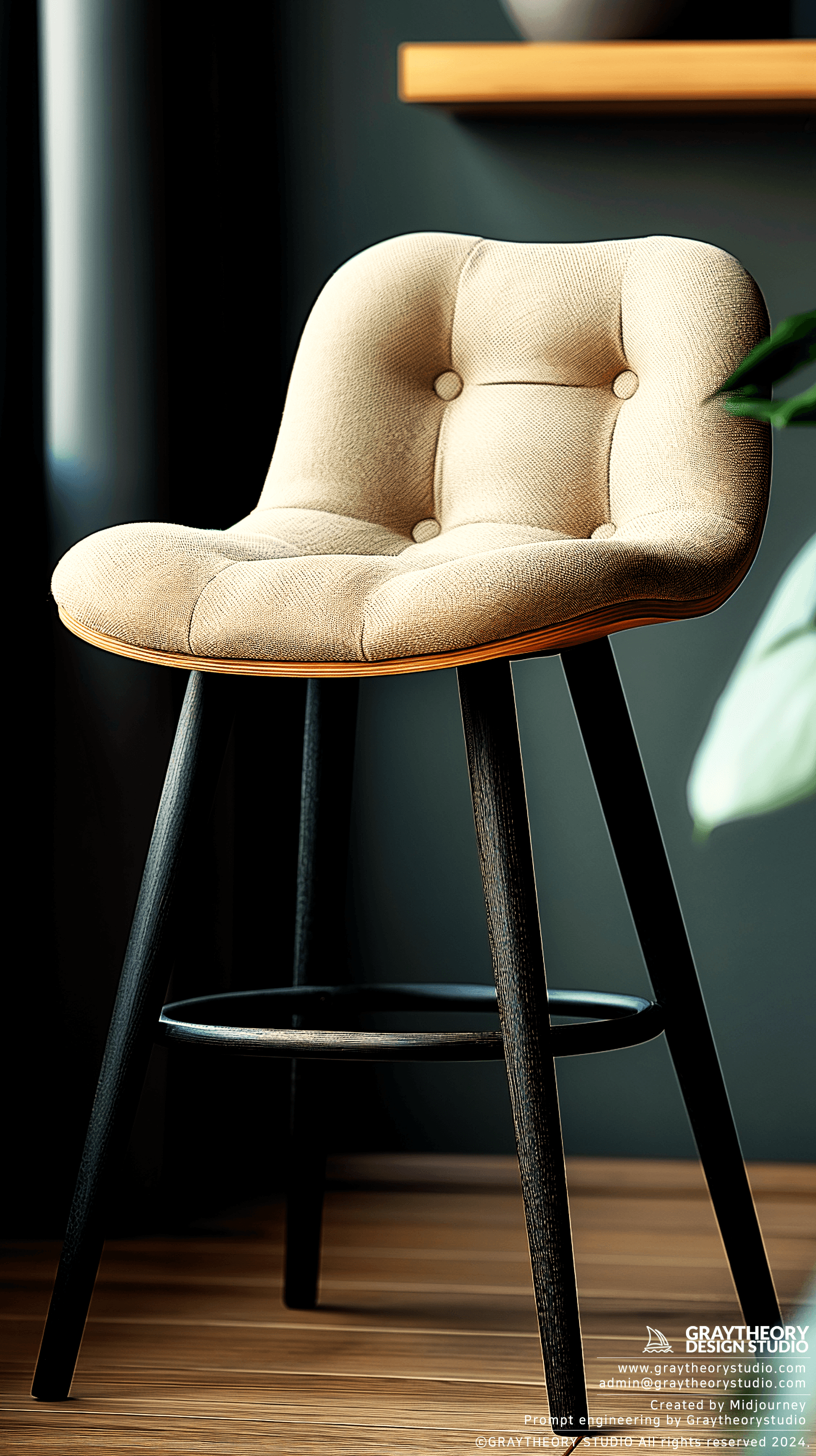 AI generated: designer stool, professional shooting studio, neutral gray, Sony A7R IV 35mm f/1.4 lens, material co...