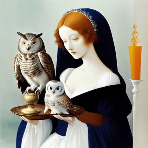 AI generated:  images of woman with her owls, in the style of ethereal beauty, porcelain, dark white and light azu...