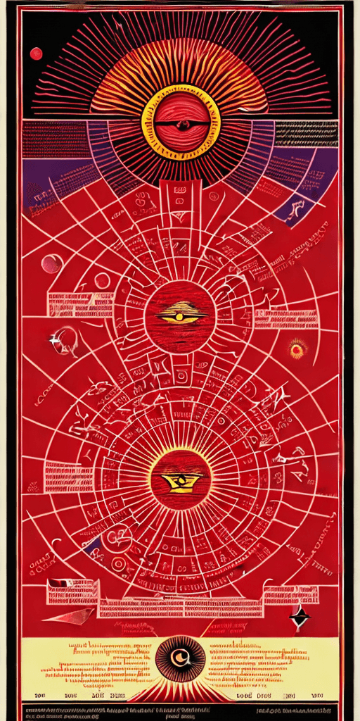 AI generated: crimson infographic of the creation of the sun/chart/schematics/measurements/marginalia/abstract/tar...