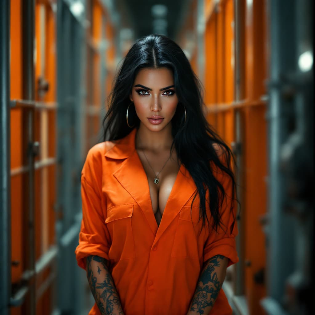 AI generated: female prisoner Kim Kardashian, prison, orange suit, cell, tattoo, (tattoos), (full body visible), l...