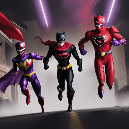 AI generated: red black batman with a red power rangers helmet and a purple and yellow robin with a purple power r...