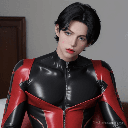 AI generated: Boy in form fitting black and red bodysuit, Black hair, blue eyes.