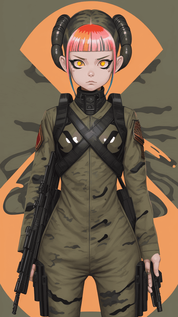 AI generated: in a army background portrait of little (alien woman)1.1, wearing (army attire):1.1, with a (army we...