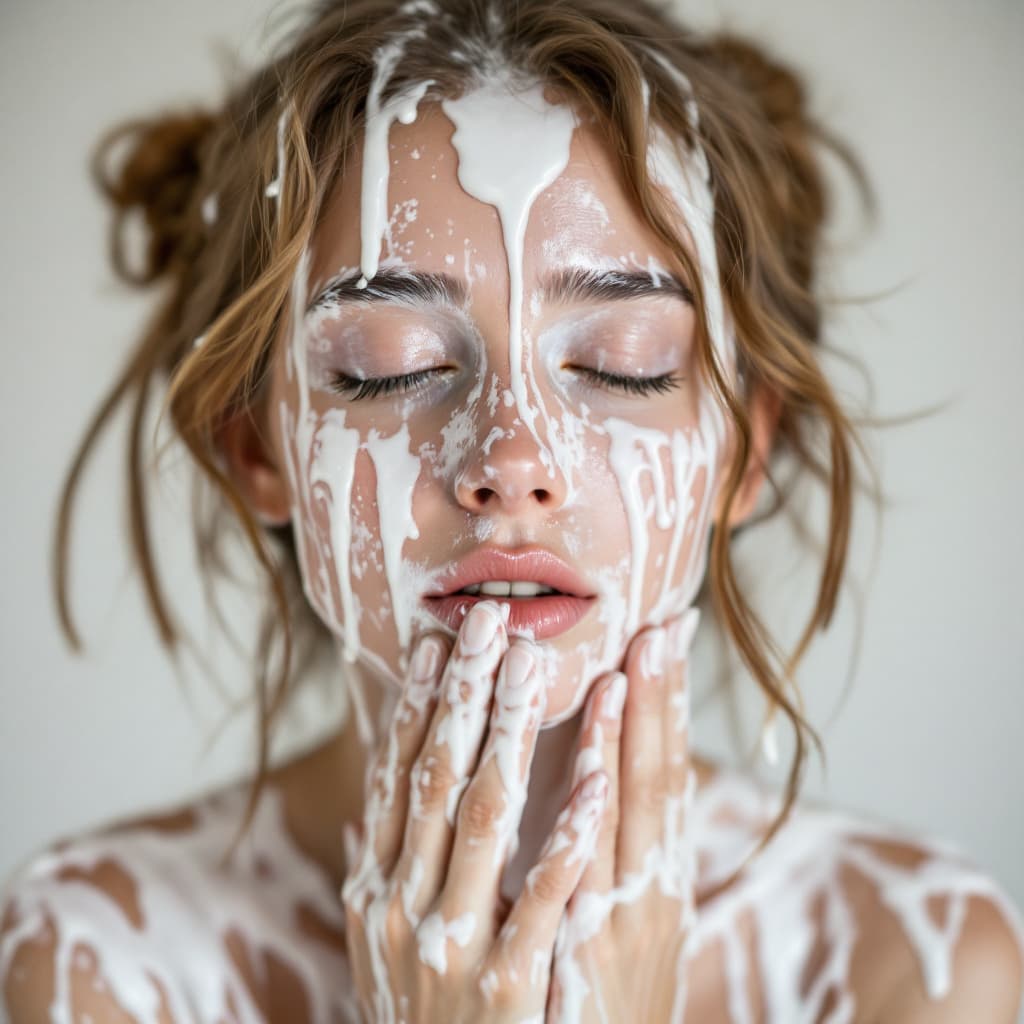 AI generated: Girl, face dripping with white icing