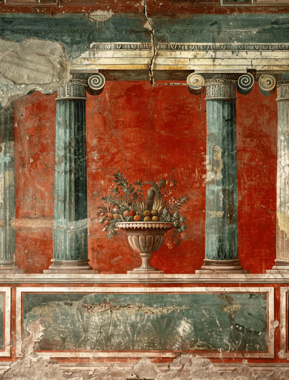 AI generated: The fresco in the great temple of ancient Rome depicted three columns and an altar at its center. Th...