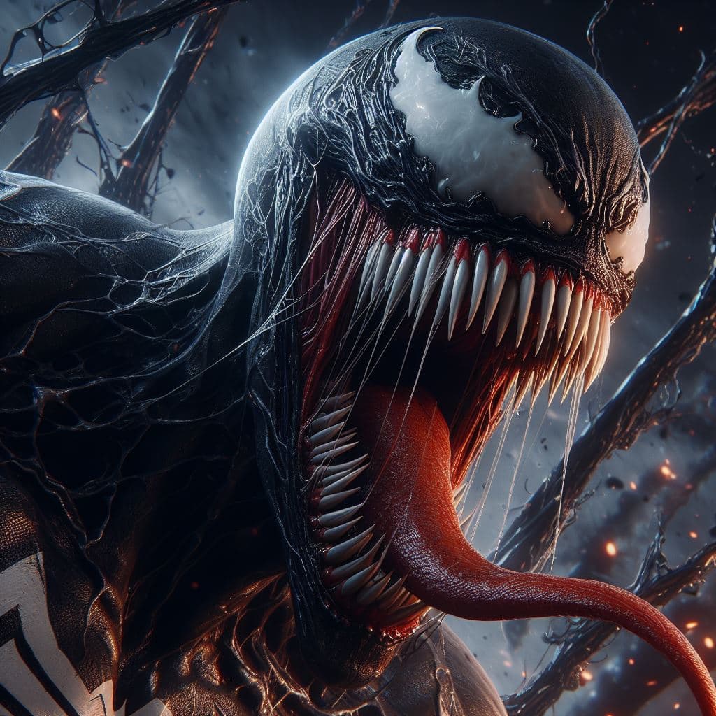 AI generated: close up of Venom of Marvel screaming, in a fit of rage, Masterpiece, gigantic scale, ascii-art --no...
