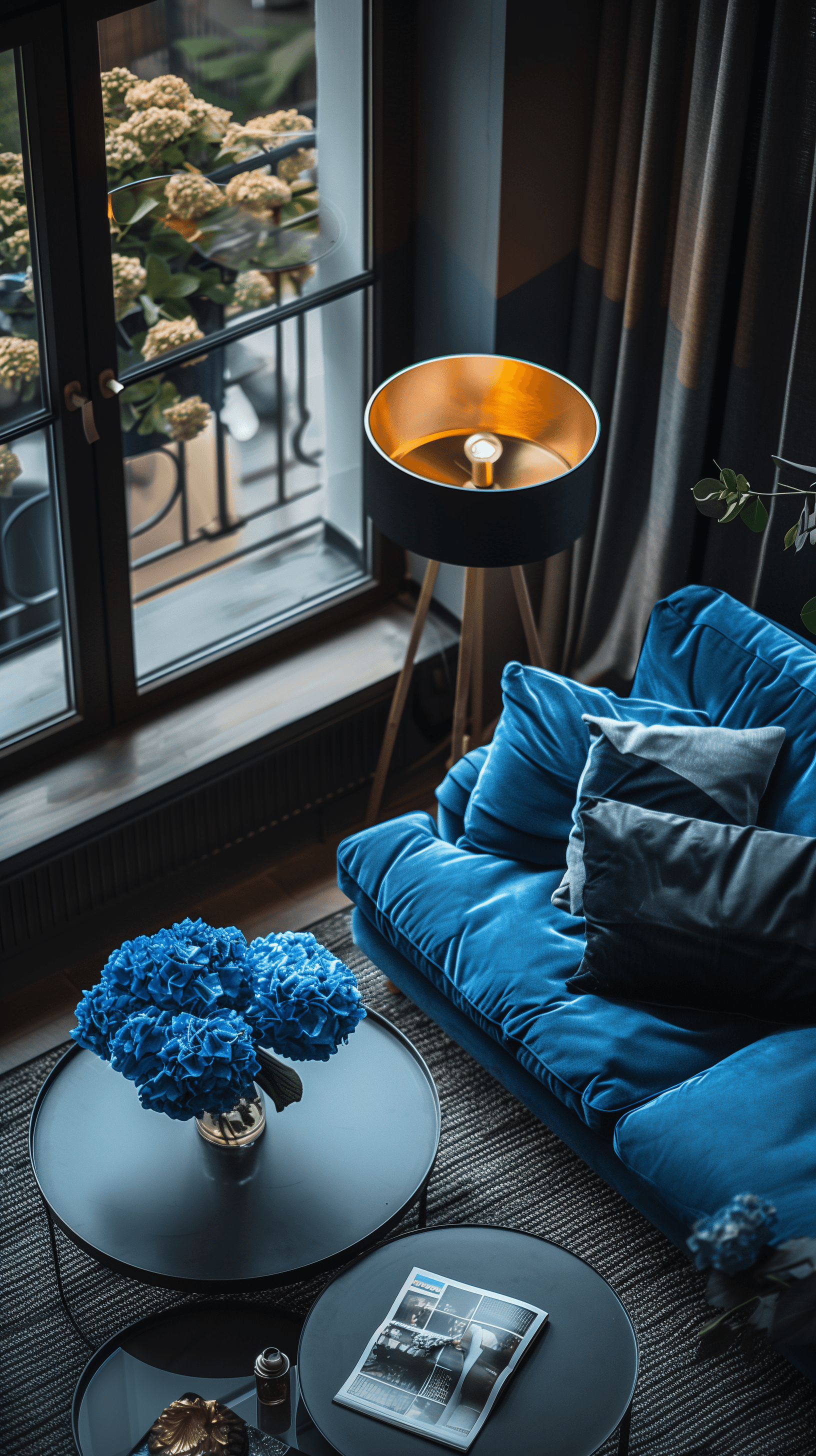 AI generated: photography, aerial, apartment living room, color limited to warm grey, minimalist deep blue fabric ...