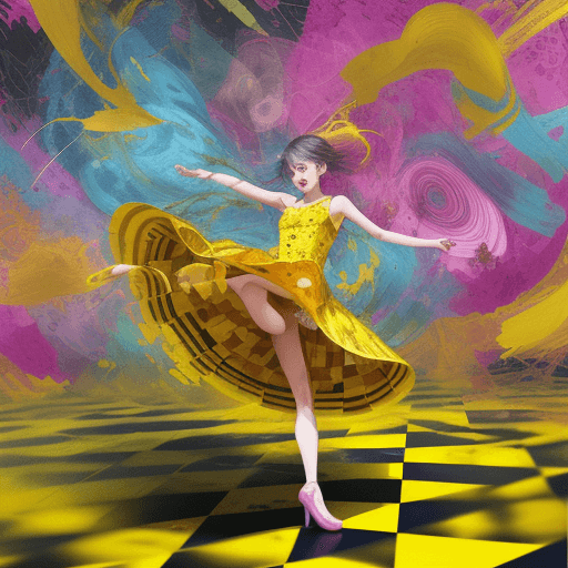 AI generated: a girl in a yellow dress dances on a checkered floor, in the style of mixed media chaos, erased and ...