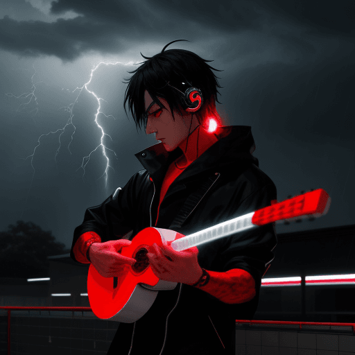 AI generated: An anime man with a neon black, red, and white pattern plays music while it rains and there is light...